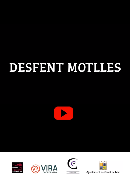 "Desfent motlles" vídeos del programa CoeduCanet. Imatge amb fons negre i icona de vídeo vermella i logos de l'institut Lluís Domènech, Vira cooperativa, CoeduCanet, Ajuntament de Canet de Mar.